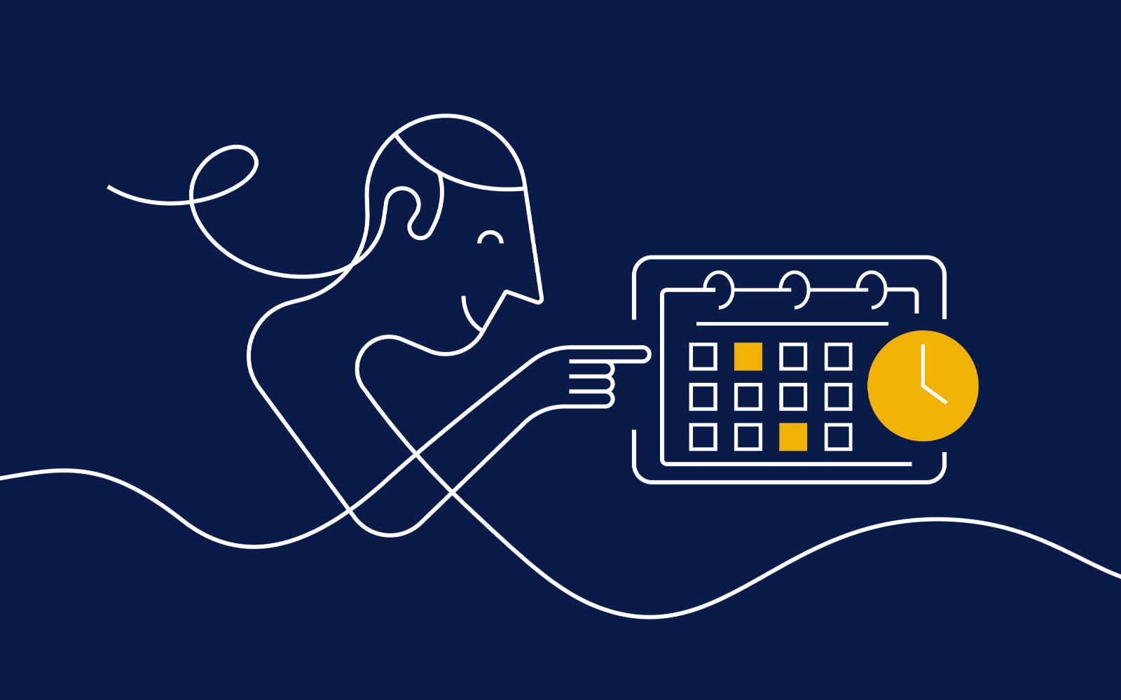 Illustration. Man pekar på skärm med bokningskalender.