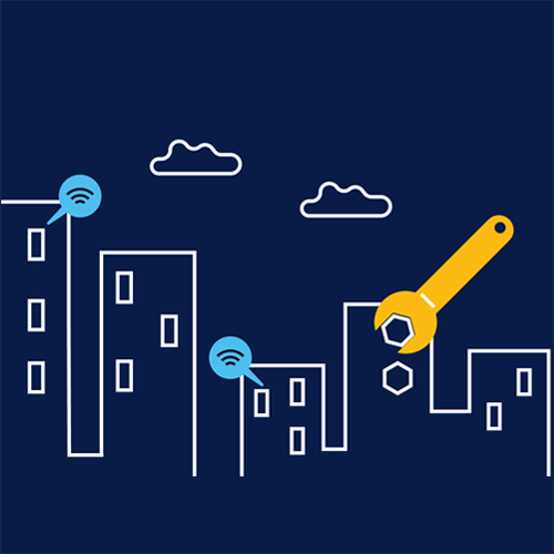 Illustration av bostadsrättshus med verktyg och wi-fi - Förvaltning
