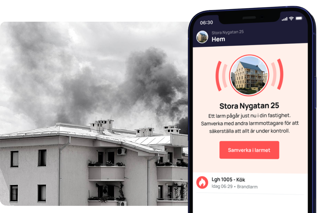 Rök från ett tak på ett flerfamiljshus samt en mobil med app som larmar om brand i lägenhet nära dig.