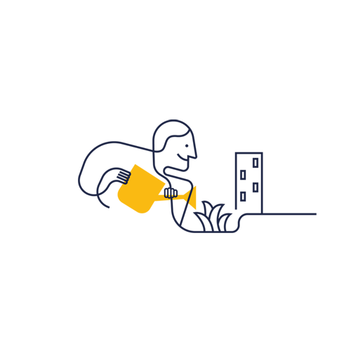 Människa vattnar sin krukväxt. Illustration.