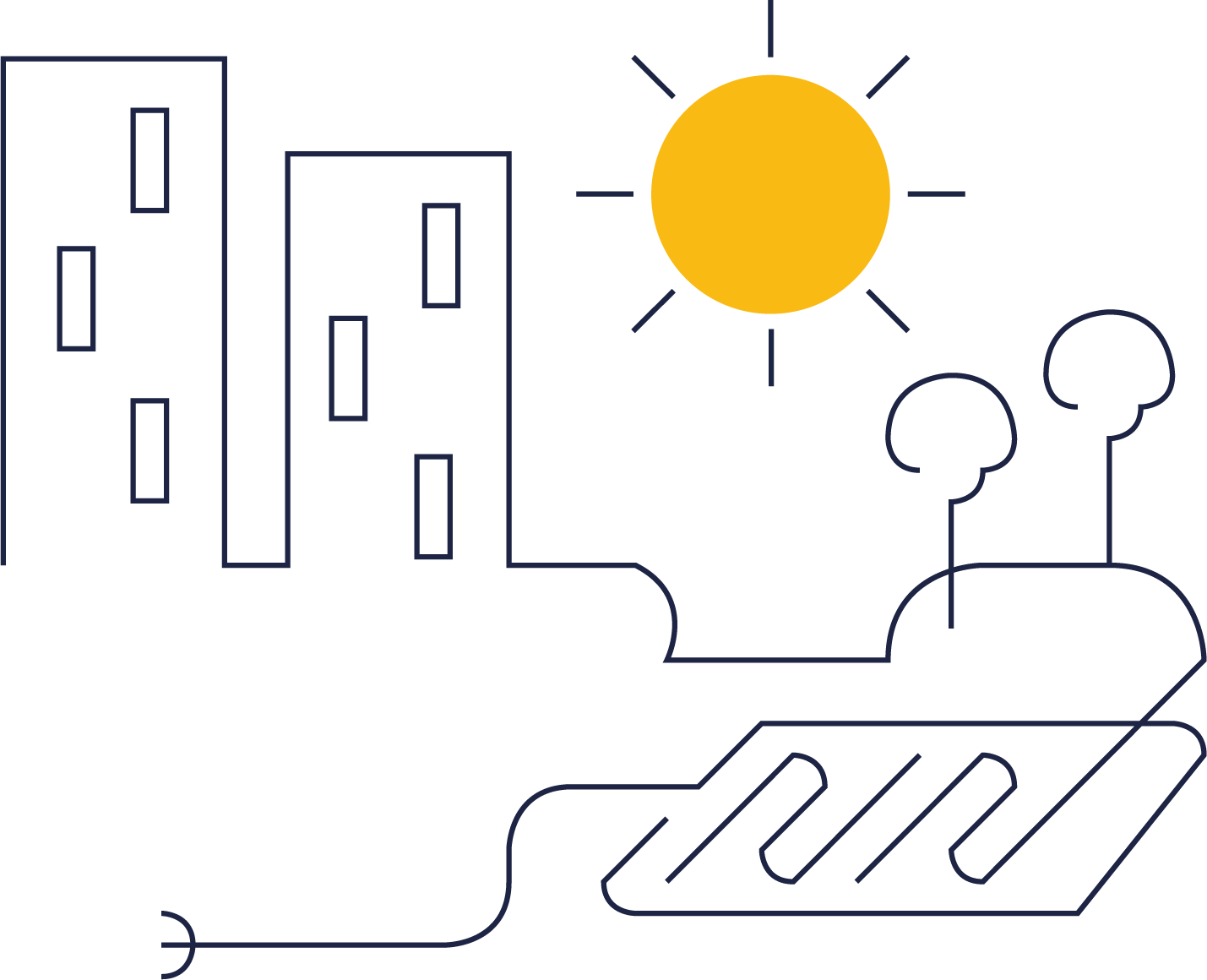 Sol som skiner i bostadsområde. Illustration.