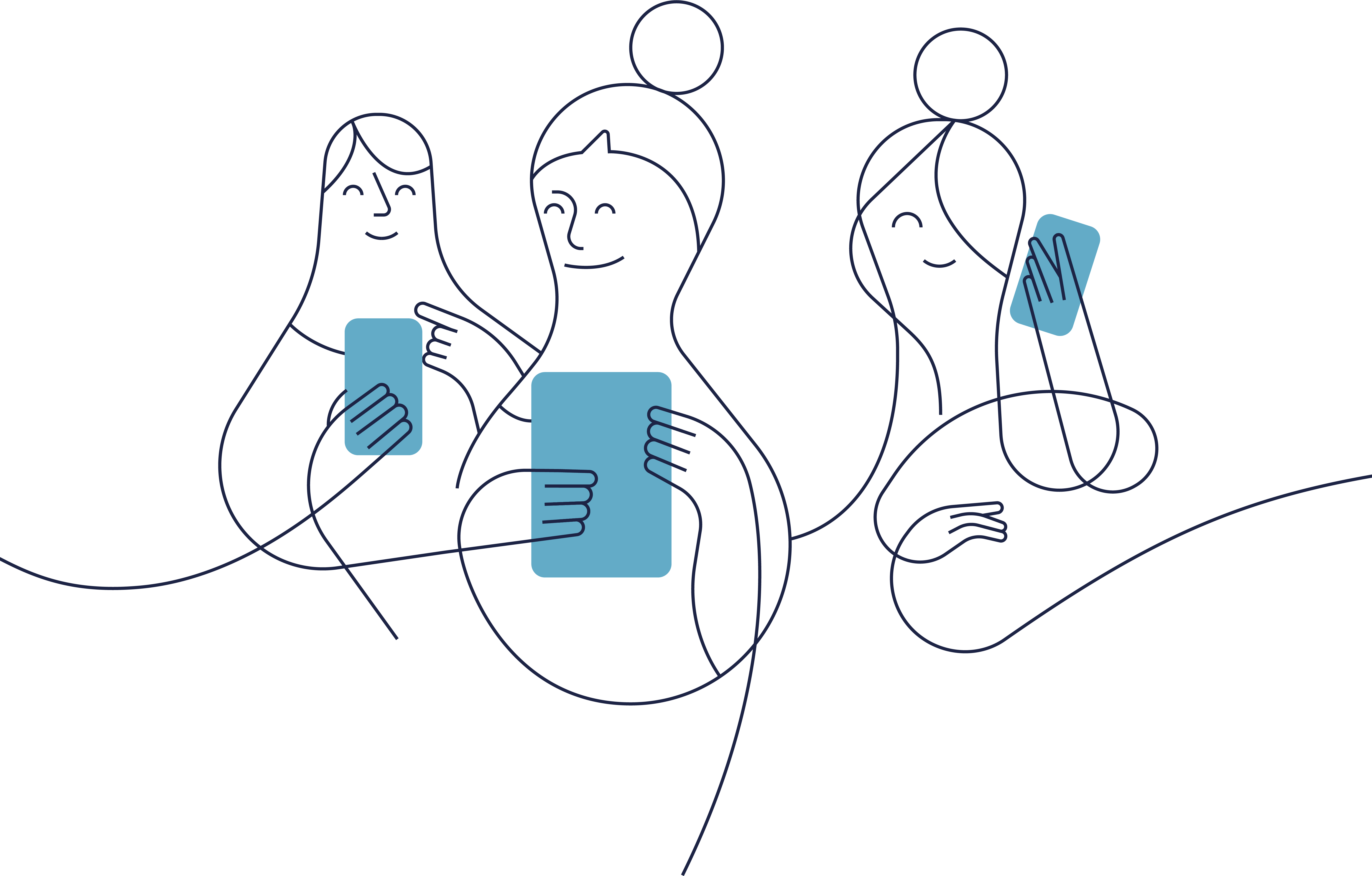 Tre kvinnor använder sina mobiltelefoner. Illustration.