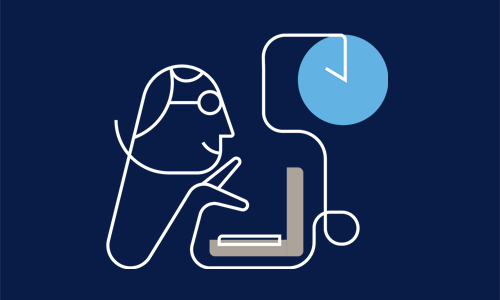 Illustration. Man vid laptop och en väggklocka.