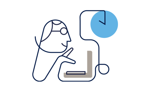 Illustration. Man vid laptop och en väggklocka.