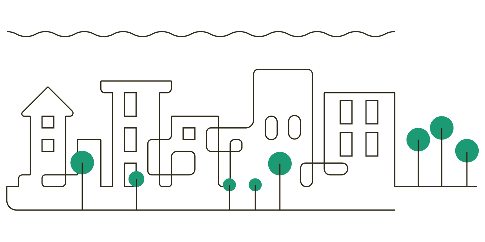 Illustration. Bostadsrättshus med grönområde.