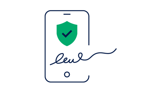 Illustration. Mobiltelefon med signatur och säkerhetssköld.