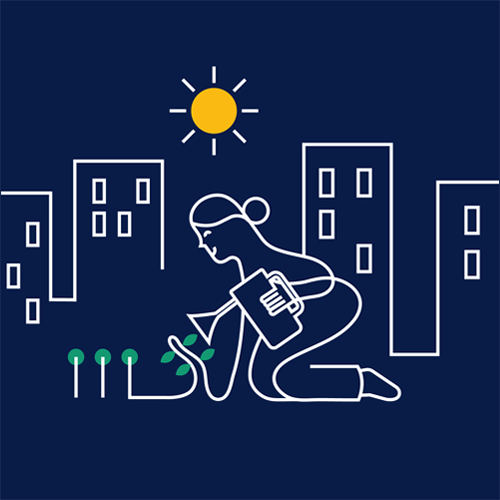 Illustration av kvinna som vattnar växter framför en bostadsrättsförening - Styrelsestöd